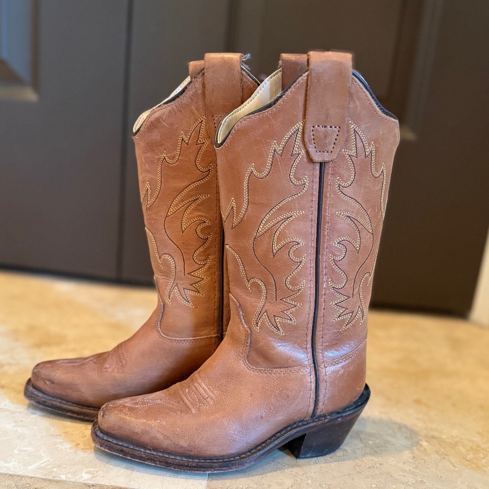 Girls Old West Brown Leather Boots (Size 10)